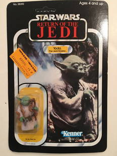 STAR WARS RETURN OF THE JEDI YODA 1983: STAR WARS RETURN OF THE JEDI YODA 1983. Brown Snake. Kenner. Back shows collect all 77. Merchandising cutout is unpunched. smallest of dent in blister pack.