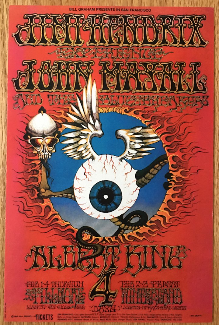 JIMI HENDRIX FLYING EYBALL HANDBILL - 1ST ! ! ! BG105: JIMI HENDRIX FLYING EYBALL HANDBILL - 1ST ! ! ! BG105. Jimi Hendrix and the Flying Eyeball are images indelibly linked in the psychedelic poster art of the late Rick Griffin. Griffin discovered The Ey