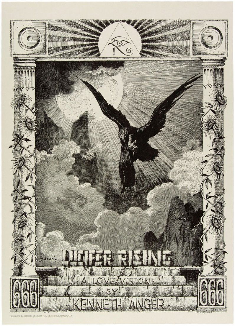 Kenneth Anger LUCIFER RISING Rick Griffin Original 60s: Kenneth Anger LUCIFER RISING Rick Griffin Original 60s BERKELEY Poster. Poster printed by Berkeley Bonaparte Press of Berkeley, CA in 1967. Poster measures about 14x20" and features image of dark bird