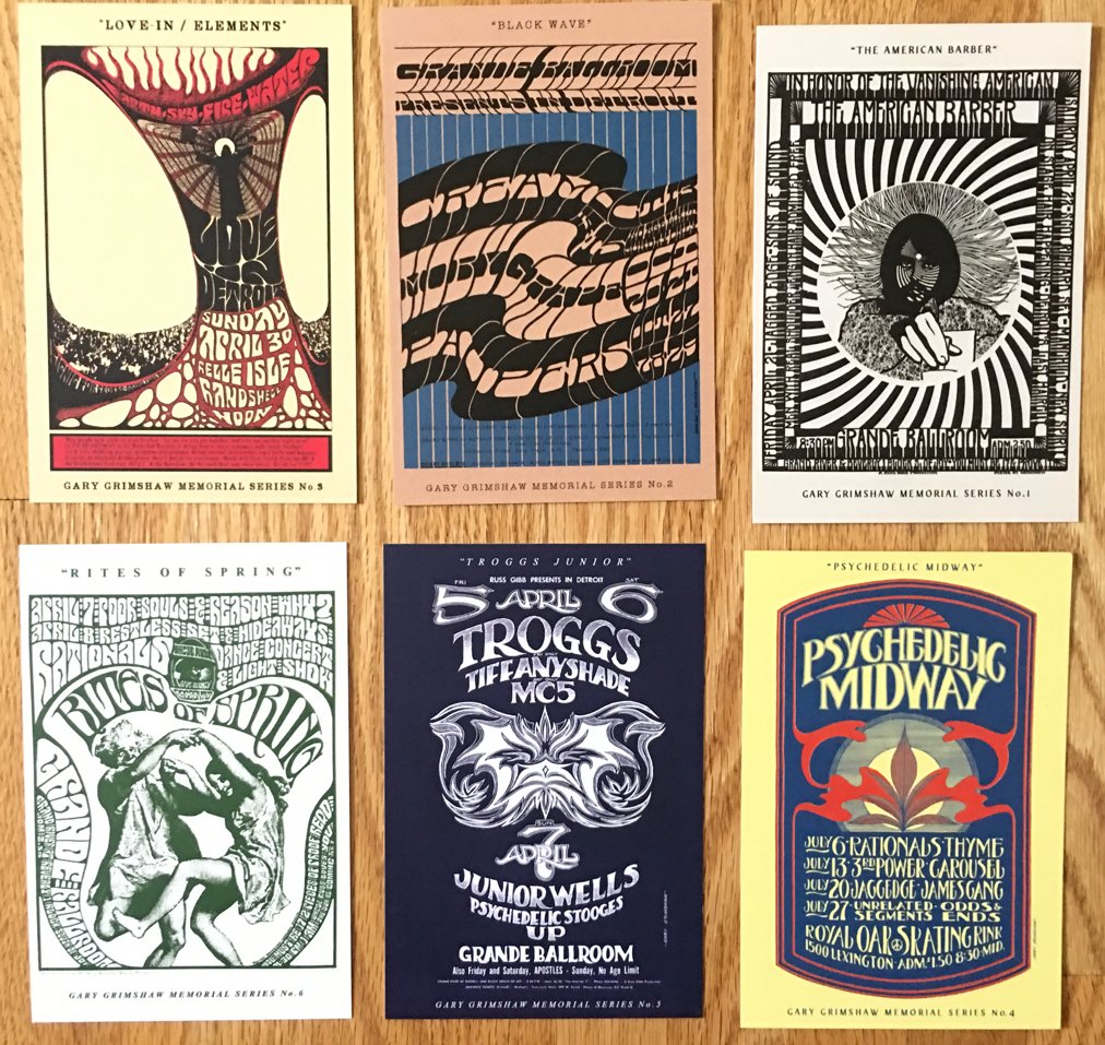 Gary Grimshaw Memorial Series PostCards: Postcards celebrating the early Grimshaw work that combines elements of Art Nouveau, Op Art, and psychedelia. You get 6 cards from the series. ABOUT THE G A R Y G R I M S A W M E M O R I A L S E R I E