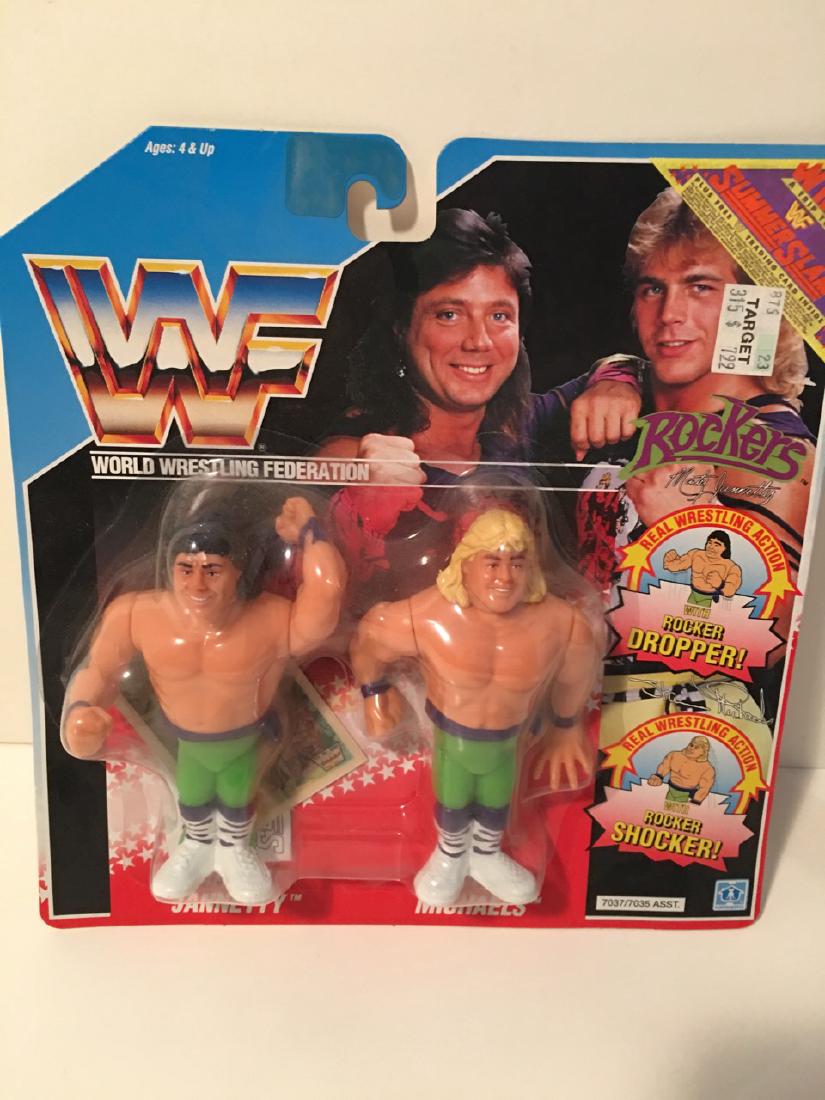WWF WRESTLING CHARACTER - THE ROCKERS: WWF WRESTLING CHARACTER - THE ROCKERS - SHAWN MICHAELS, AND MARTY JANNETTY WITH REAL WRESTLING ACTION - THE ROCKER DROPPER AND THE ROCKER SHOCKER. 1990 TITANSPORTS. HASBRO. NEW IN BOX.