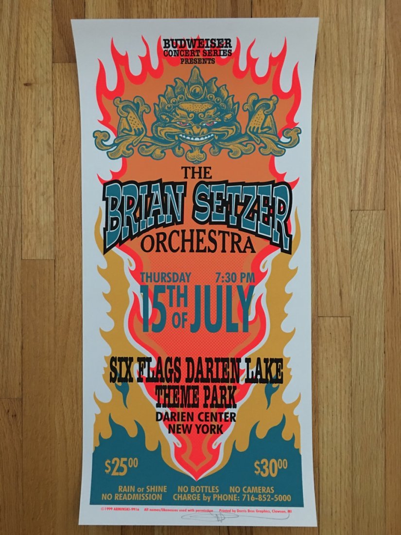 BRIAN SETZER ORCHESTRA, New York, 1999 - MARK ARMINSKI: absolutely mint, original printing, silkscreen concert poster. Signed. Poster dimensions: 10.5â€x22.25â€. Mark Arminski is an American rock concert poster artist born in 1950 in Detroit, Michiga