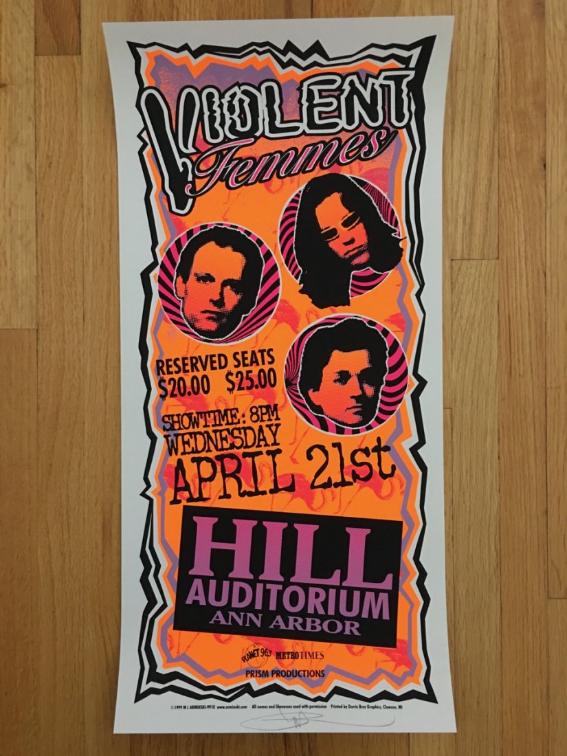VIOLENT FEMMES, Ann Arbor, MI, 1999 - MARK ARMINSKI: absolutely mint, original printing, silkscreen concert poster. Signed. Poster dimensions: 10.5â€x22.25â€. Mark Arminski is an American rock concert poster artist born in 1950 in Detroit, Michiga