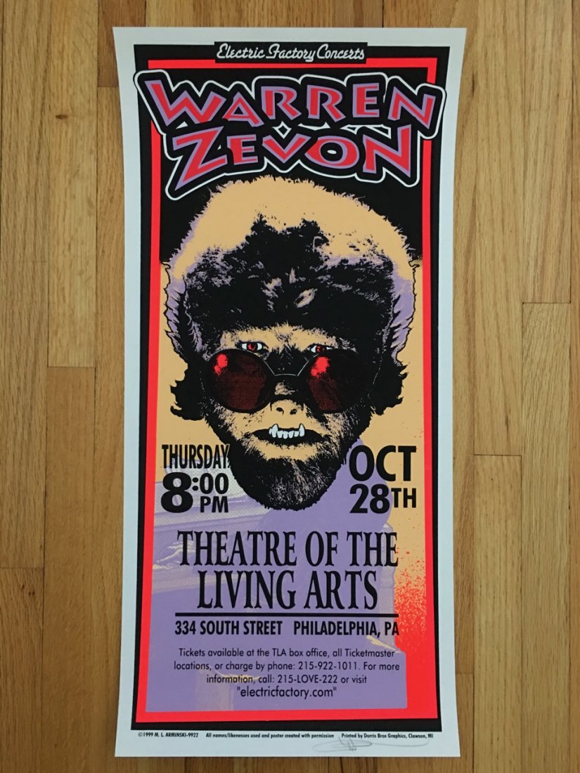 WARREN ZEVON, Philadelphia, PA, 1999 - MARK ARMINSKI: absolutely mint, original printing, silkscreen concert poster. Signed. Poster dimensions: 10.5â€x22.25â€. Mark Arminski is an American rock concert poster artist born in 1950 in Detroit, Michiga