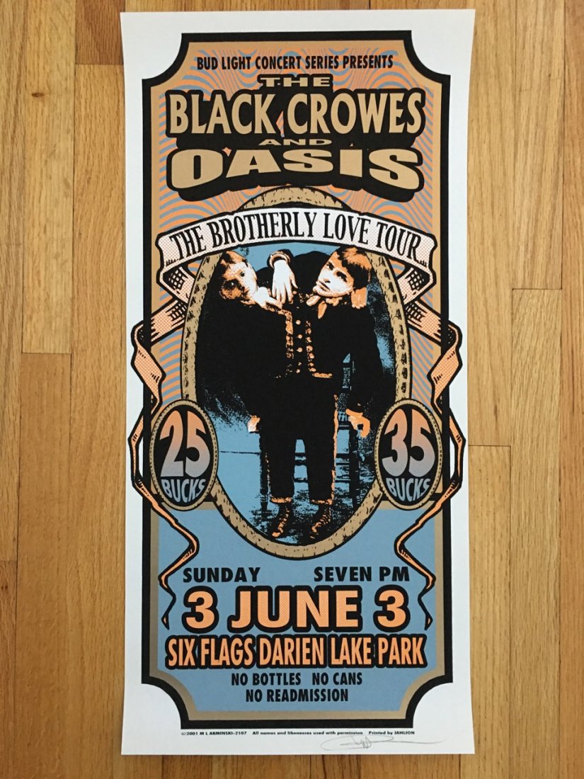 BLACK CROWES/OASIS, New York, 2001 - MARK ARMINSKI: absolutely mint, original printing, silkscreen concert poster. Signed. Poster dimensions: 10.5â€x22.25â€. Mark Arminski is an American rock concert poster artist born in 1950 in Detroit, Michiga
