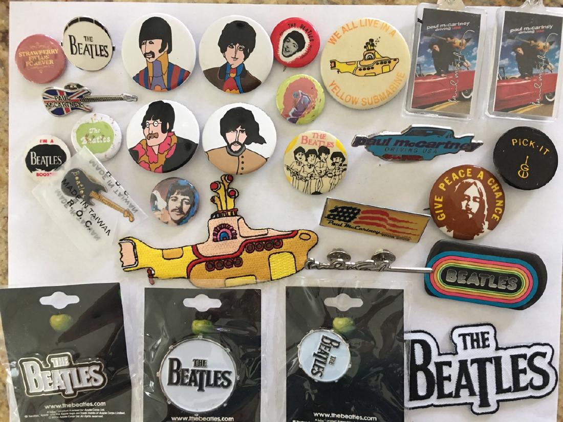 BEATLES PIN COLLECTION - VINTAGE TO MODERN: BEATLES PIN COLLECTION - VINTAGE TO MODERN INCLUDING YELLOW SUMBARINE, RICHARD AVEDON PINS, AND RARE ORIGINAL BEATLES BOOSTER FAN CLUB PIN
