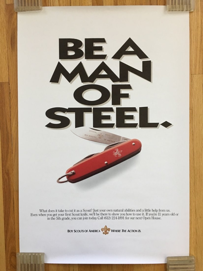 BOY SCOUTS MAN OF STEEL POSTER: BOY SCOUTS MAN OF STEEL POSTER. Boy Scouts of America. Features swiss army knife.