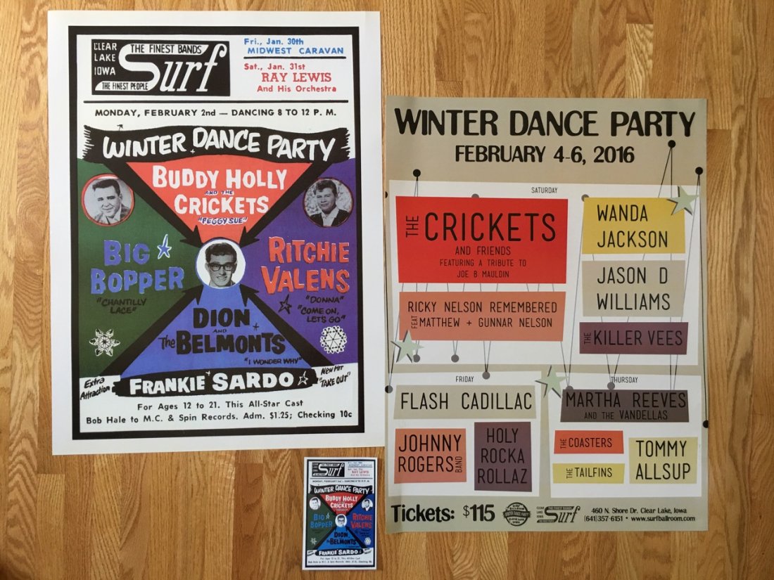 THE DAY THE MUSIC DIED - Buddy Holly Poster Set: THE DAY THE MUSIC DIED - Buddy Holly Poster - you get two posters DIRECT from the Surf Club in Clear Lake Iowa. you also get a Winter Dance Concert postcard from the Surf Club. Buddy Holly and the Cri