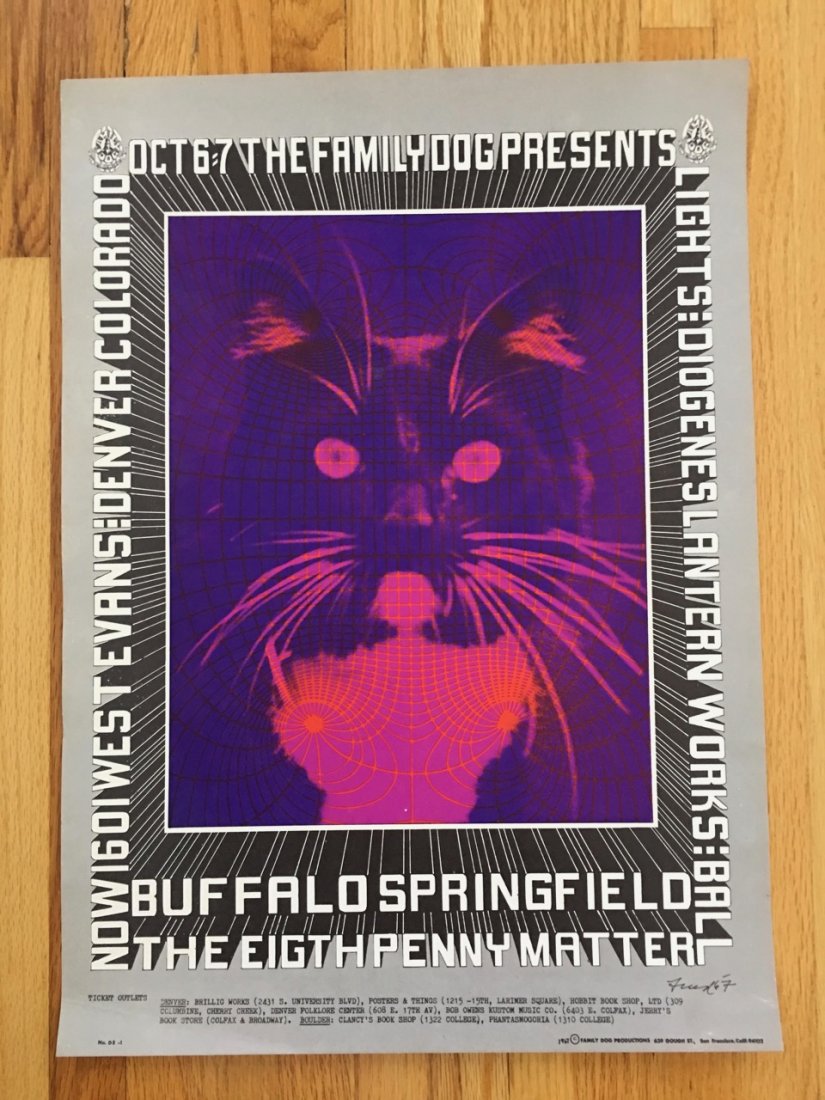 BUFFALO SPRINGFIELD FDD005 - 1st: BUFFALO SPRINGFIELD FDD005 - 1st. 1967 art by Bob Fried - a Denver Dog show. The 1st printing poster pre-dates the concert and is characterized by a purple/blue background, light gray border, and dark