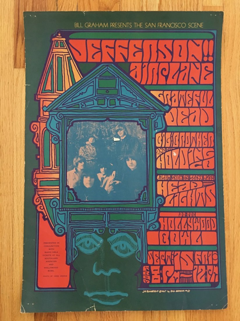 JEFFERSON AIRPLANE - GRATEFUL DEAD - BG081 - 1ST: JEFFERSON AIRPLANE - GRATEFUL DEAD - BG081 - 1ST. Sep 15, 1967 AT THE Hollywood Bowl (Hollywood, CA). ART AND PHOTOGRAPHY BY Jim Blashfield AND Herb Greene.POSTER HAS PINHOLES, SCRATCHES, AND FOLDS. P