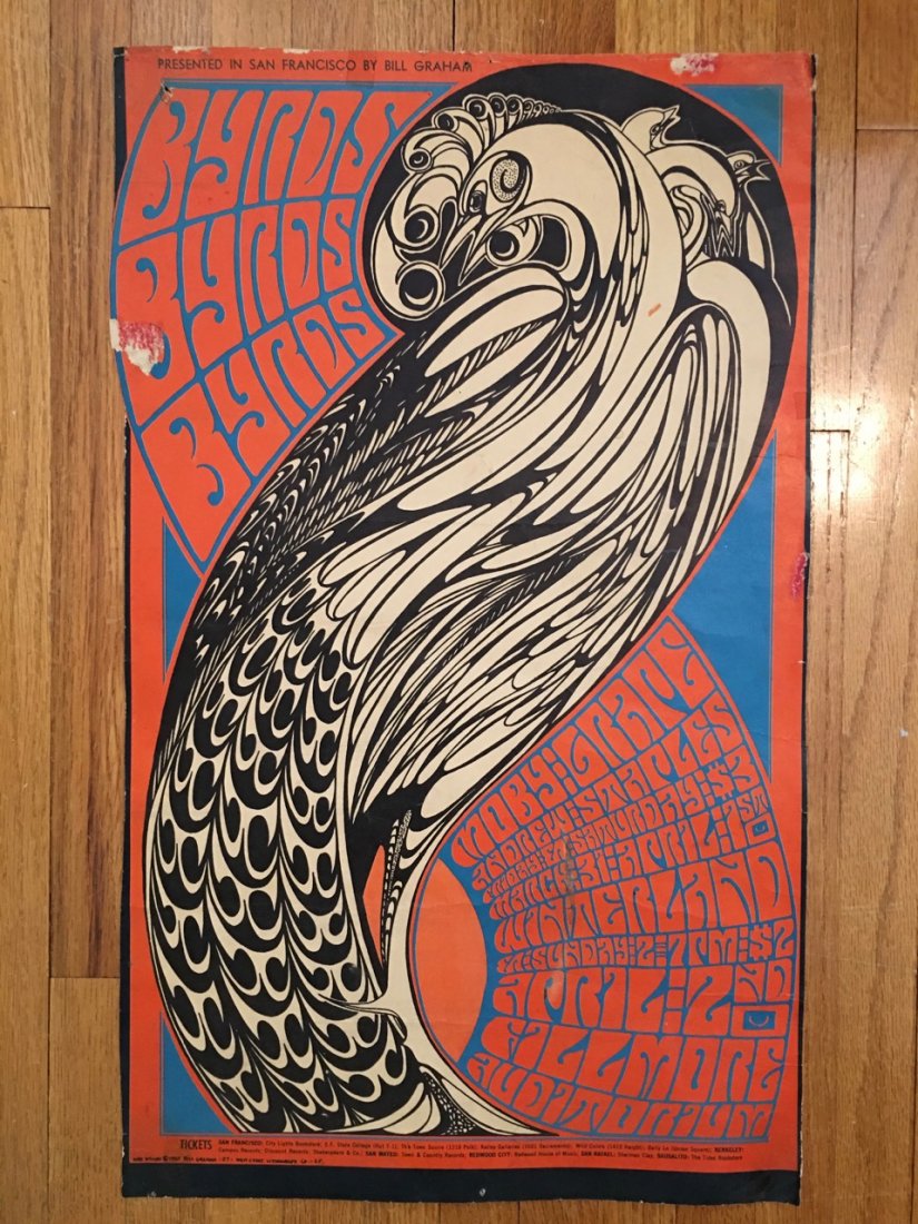 The Byrds Poster - BG057 - 1ST: The Byrds Poster - BG057 - 1ST. PERFORMER The Byrds, Moby Grape, Andrew Staples WITH ART BY Wes Wilson - Apr 1, 1967. AT Winterland (San Francisco, CA). THIS POSTER HAS THE BULGING LEFT SIDE BOARDER,