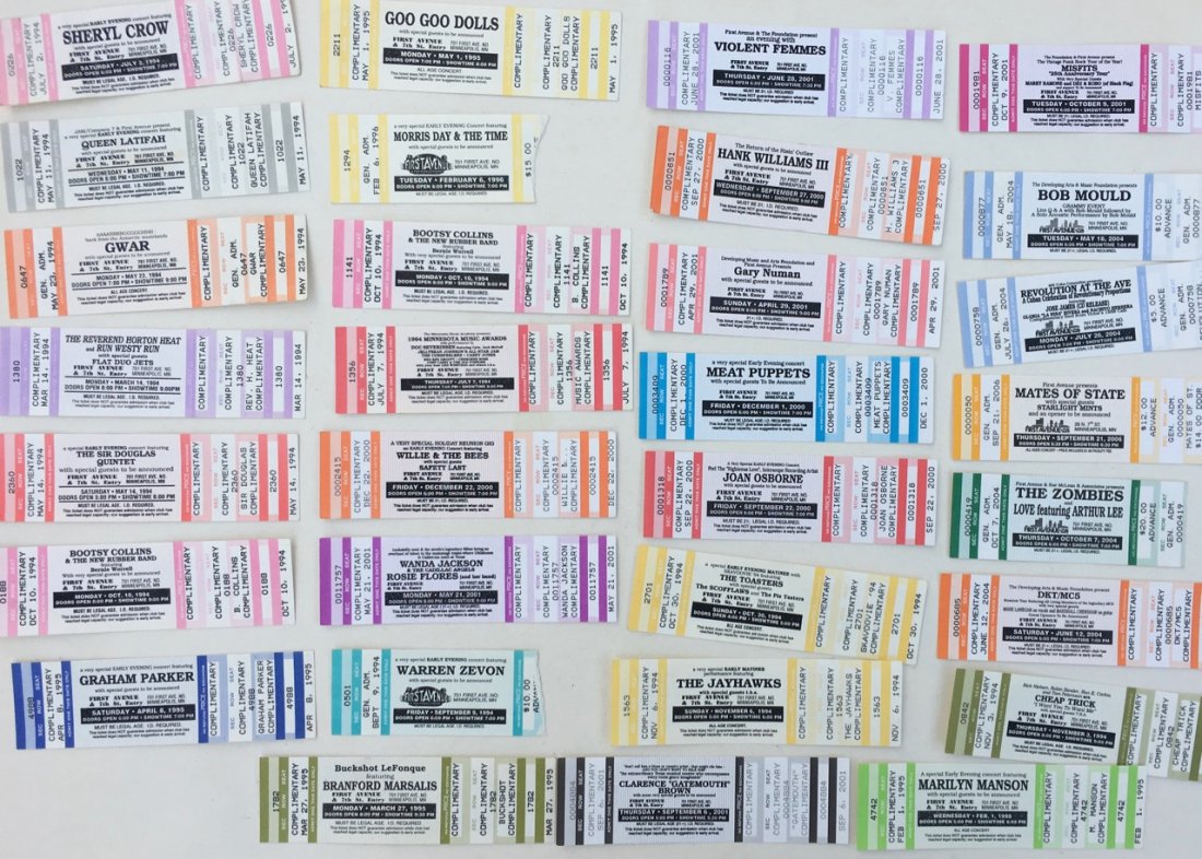 TOP NAMES - AMAZING CONCERT TICKET COLLECTION - 1ST AVE: AMAZING CONCERT TICKET COLLECTION FROM 1ST AVE MINNEAPOLIS, MINNESOTA. ALL TICKET STUBS ARE UNUSED / UNTORN AND ARE FROM SOME OF THE MOST AMAZING BANDS AND ARTISTS YOU HAVE EVER HEARD INCLUDING: SHERY