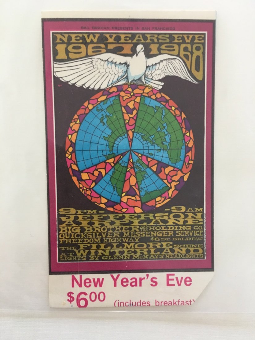 JEFFERSON AIRPLANE - NEW YEARS EVE TICKET - 1967 BG100: JEFFERSON AIRPLANE - NEW YEARS EVE TICKET - 67-68. ORIGINAL FIRST. BG100. BG100 is one of Bonnie MacLean's favorite posters. She started the assignment when she was pregnant with her son and wove the 
