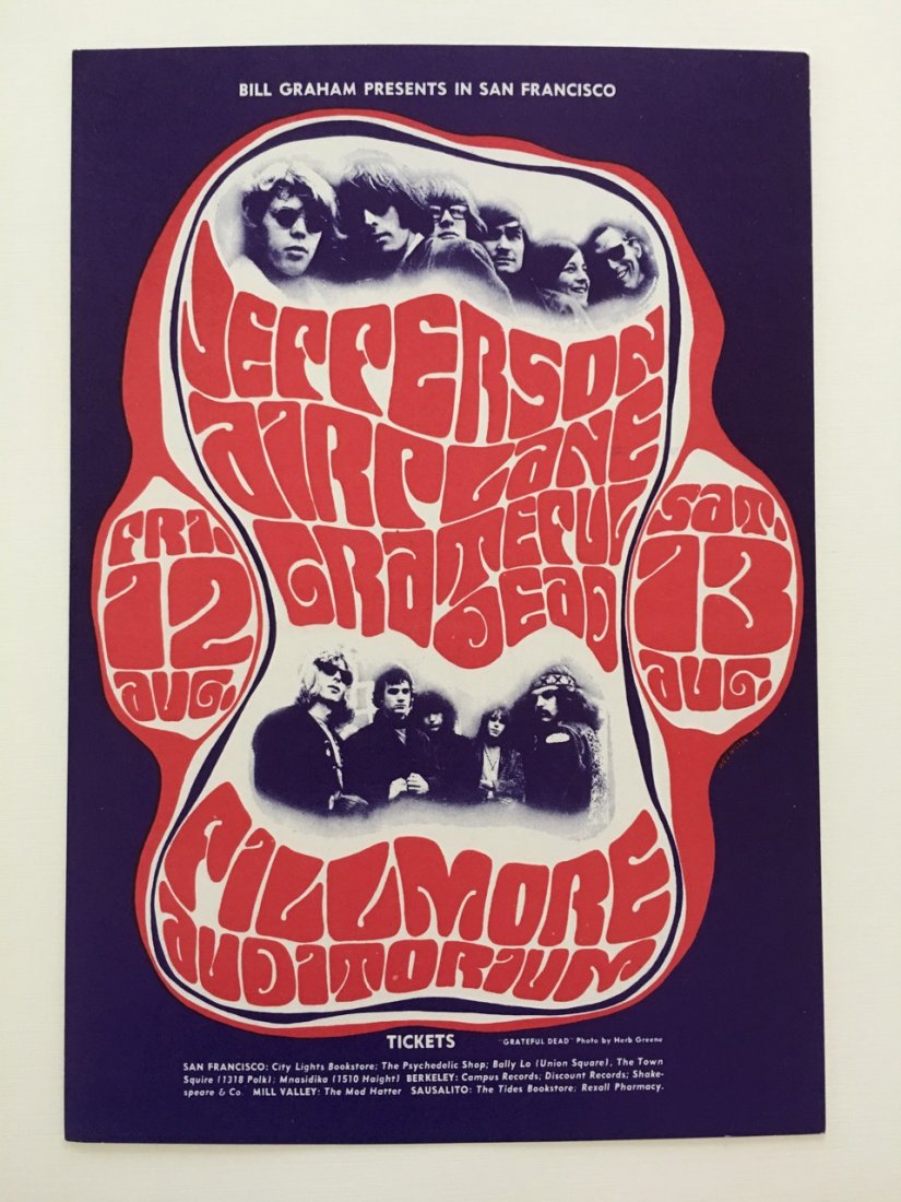 JEFFERSON AIRPLANE - GRATEFUL DEAD POSTCARD - BG023-2ND: JEFFERSON AIRPLANE - GRATEFUL DEAD POSTCARD - BG023. BG023 is the first example of a rock poster to feature band photographs, these by Herb Greene. Wilson's lettering, by now evolved into a more elega