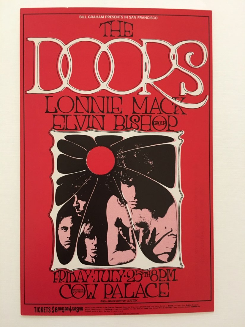 DOORS POSTCARD - BG186 - 1ST - RARE - RANDY TUTEN: Randy Tuten's "market-the-performers" artwork was an easy read for music patrons when it was slipped into the series of David Singer-designed posters. The Doors were so popular by this time that Bill 