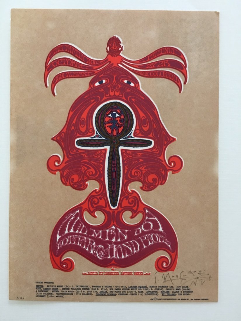 ALLMEN JOY POSTCARD - FDD008 - 1ST - SIGNED !!!: ALLMEN JOY POSTCARD - FDD008 - 1ST. WITH ART BY Stanley Mouse AND Alton Kelley - SIGNED BY MOUSE ! The postcard was only printed once before the concert. It measures 5" x 6 3/4". AT THE FAMILY DOG DEN