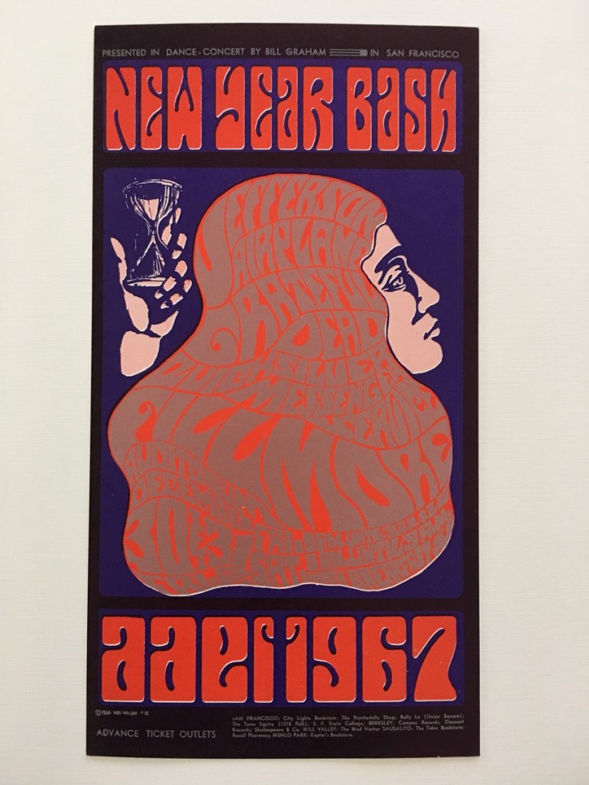 JEFFERSON AIRPLANE POSTCARD - BG037 - 2ND PRINTING: Bill Graham's first New Year's Eve Bash was a legendary, all-night affair with additional bands dropping by to supplement the advertised fare, and this second Bash continued the tradition. The music p