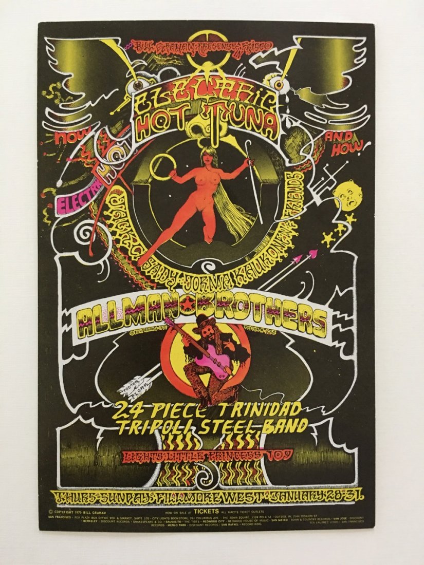 The Allman Brothers Band HANDBILL - BG268 - 1st - RARE: Orr tipped his hat to Griffin, Mouse and Kelley for inspiration in BG267. The Allman brothers were gaining a following, and Orr, who hadn't seen the band and passed on this concert, was given a photog