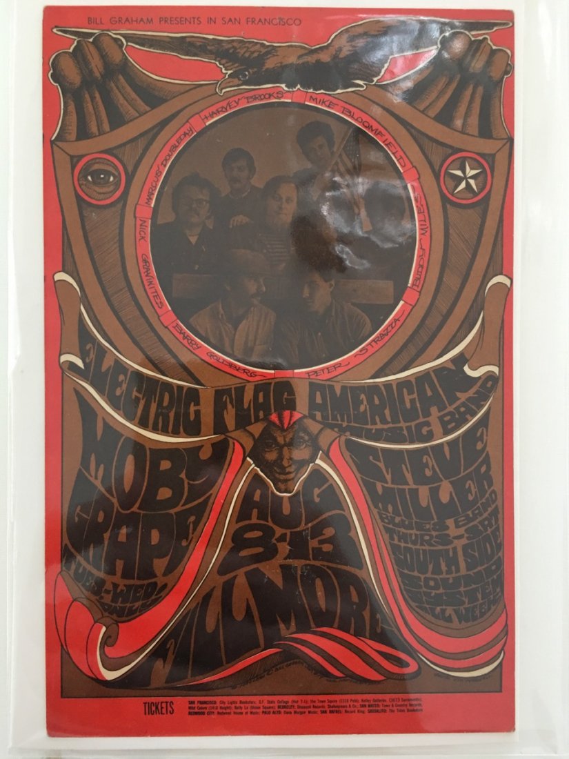 Electric Flag Postcard - BG077 - 1st: MacLean's poster made reference to the American flag in the draped bunting effect of the design, star and eagle. Headlining the Electric Flag, Moby Grape and Steve Miller split the five-day gig. The p