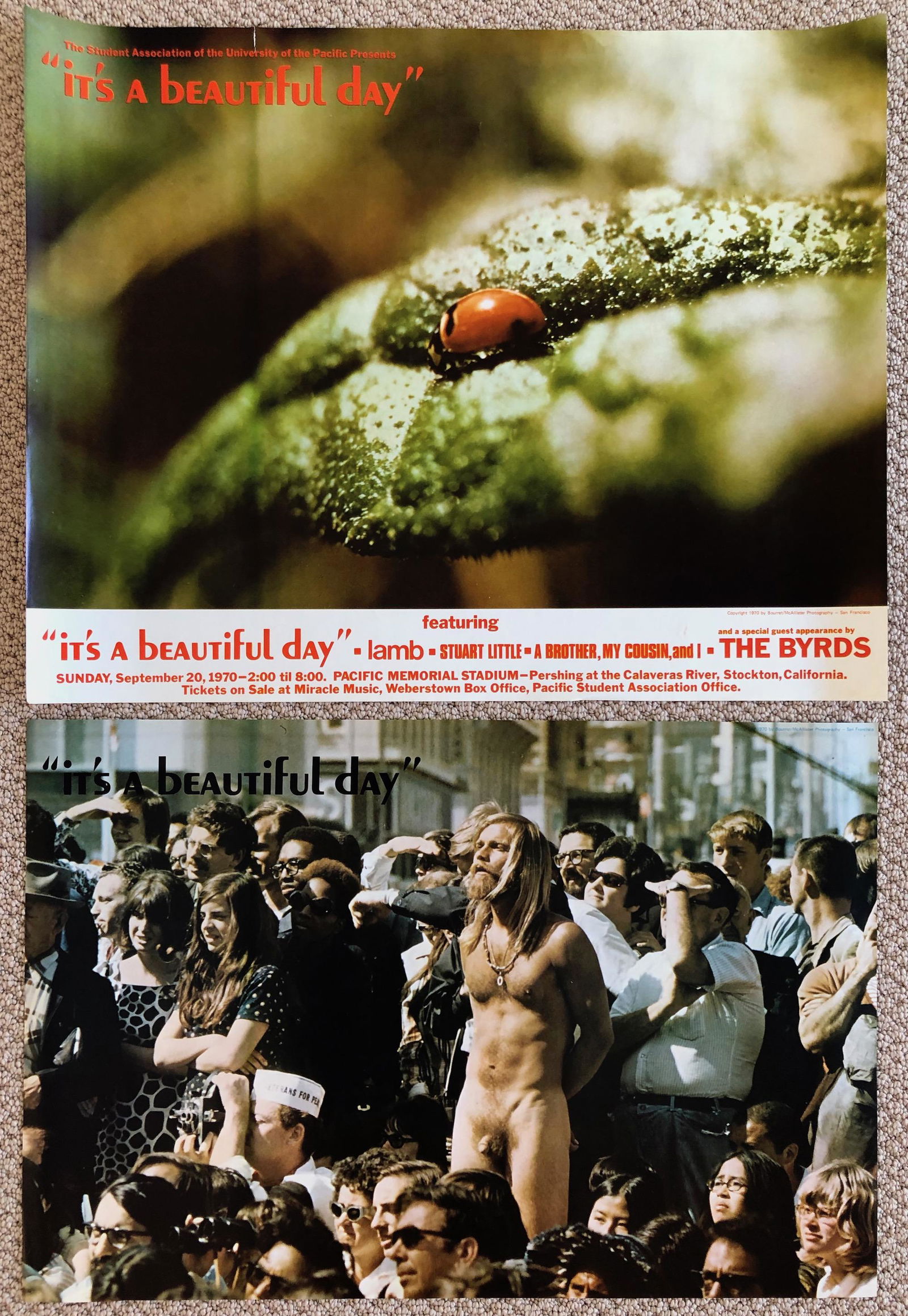 1970 IT'S A BEAUTIFUL DAY POSTER SET: Very famous nude hippy at Human Be-In Rally in San Fran. 1970 IT'S A BEAUTIFUL DAY ALONG WITH VERY RARE 1970 concert poster featuring IABD, Lamb, Stuart Little, A Brother, My Cousin, and I, and a spec