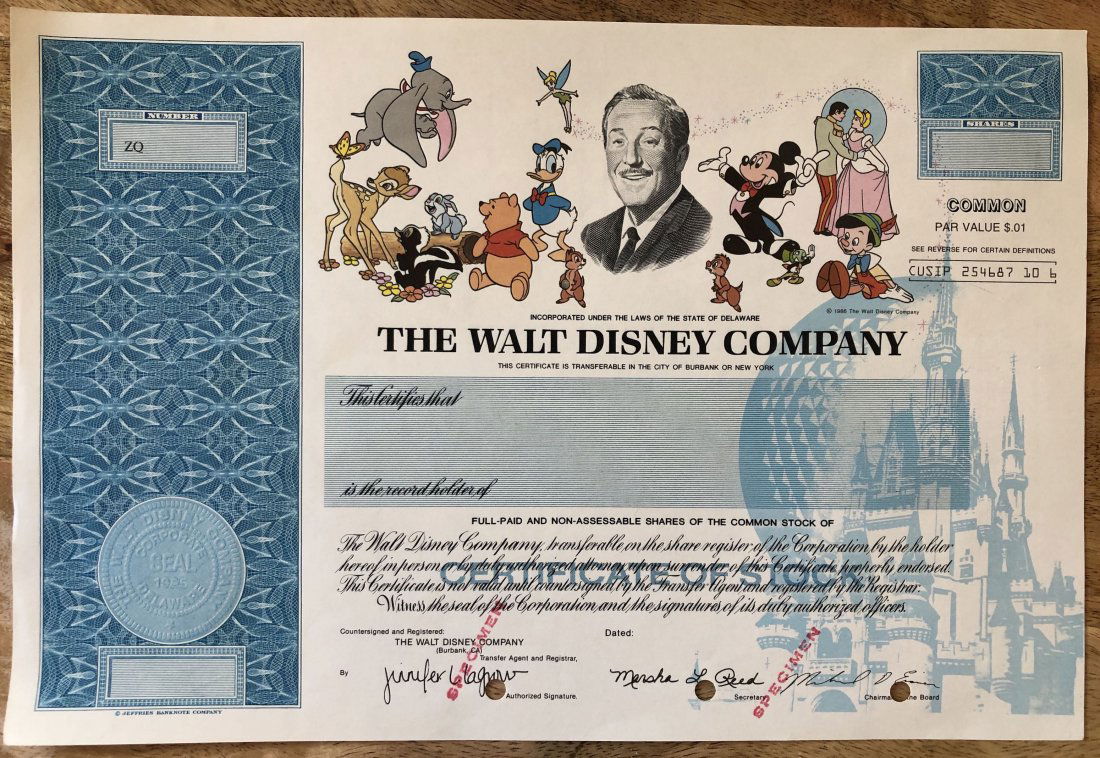 RARE WALT DISNEY STOCK CERTIFICATE SPECIMEN (1 of 1)