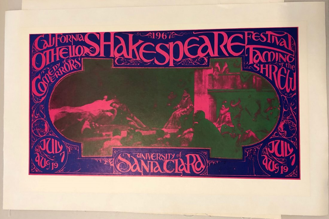 1967 CALIFORNIA SHAKESPEARE FESTIVAL: 1967 CALIFORNIA SHAKESPEARE FESTIVAL. Original poster for the California Shakespeare Festival. July 7 thru August 19, 1967. This festival was held at the University of Santa Clara, near San Jose. Art 