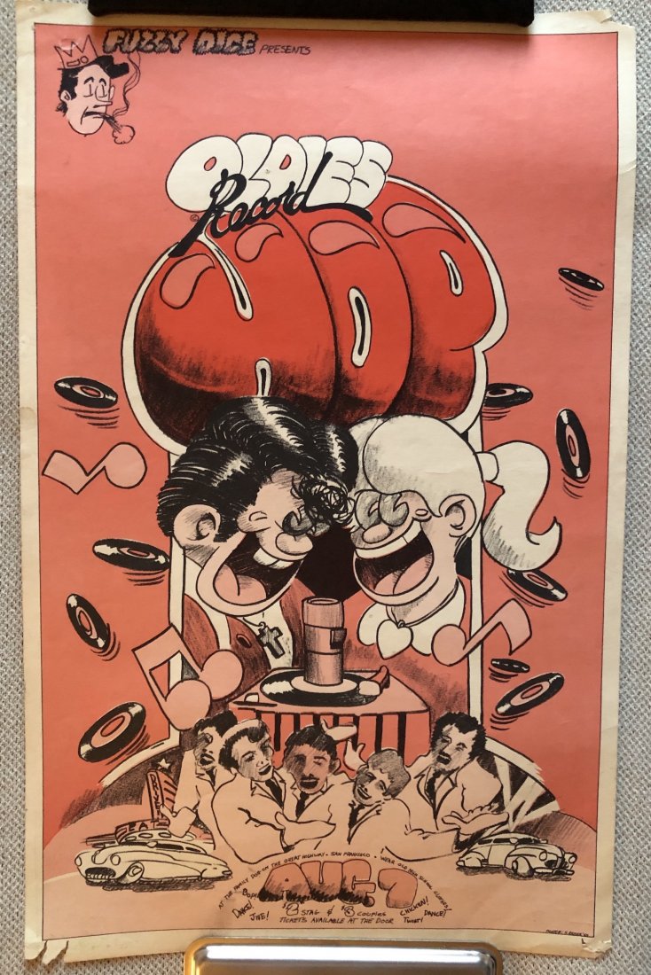 RARE - FUZZY DICE OLDIES RECORD HOP: 1969 poster art by S. Renick. At The Family Dog on the Great Highway. Pinholes in corners. Some light wear.