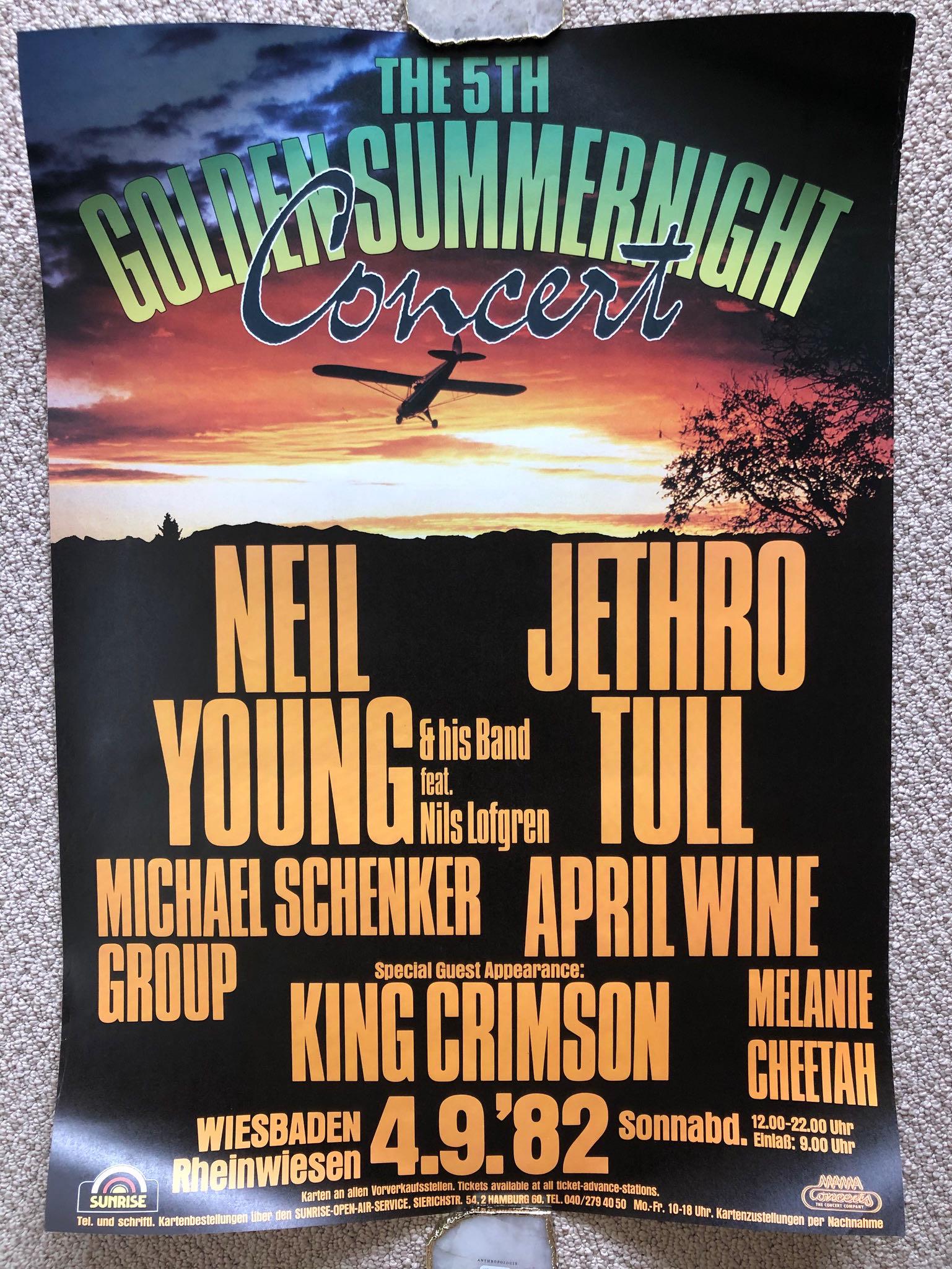NEIL YOUNG, JETHRO TULL, KING CRIMSON 1982 TOUR POSTER: NEIL YOUNG, JETHRO TULL, KING CRIMSON 1982 TOUR POSTER from Wiesbaden, GERMANY. ABOUT 24 X 36. 5TH GOLDEN SUMMERNIGHT CONCERT. VG. RARE.