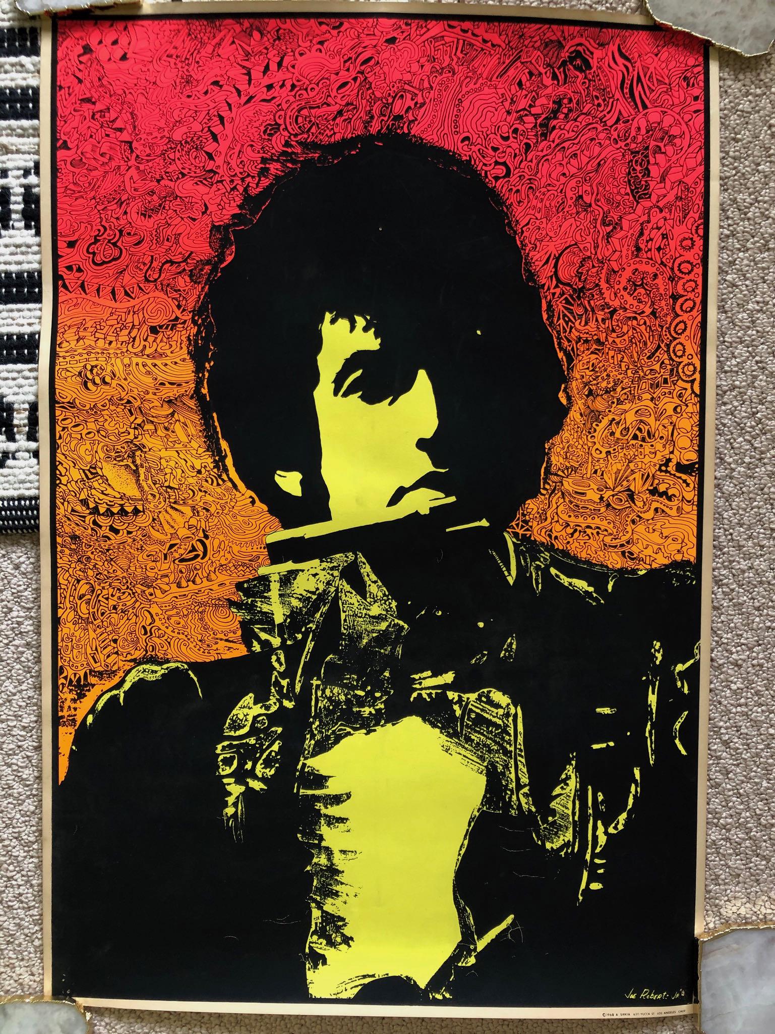 BOB DYLAN JOE ROBERTS JR. BLACKLIGHT POSTER: BOB DYLAN JOE ROBERTS JR. BLACKLIGHT POSTER. 1968 ORIGINAL. VG CONDITION. ABOUT 24 X 36