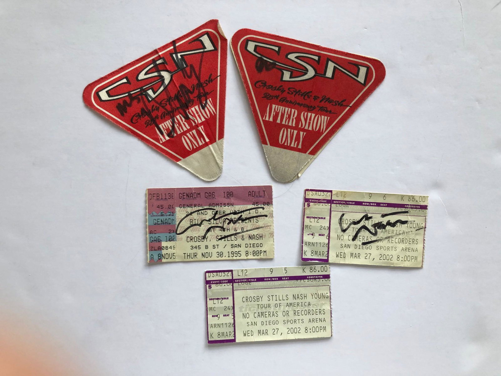 CSN SIGNED TICKETS AND BACKSTAGE PASS: CSN CROSBY STILLS NASH AND YOUNG SIGNED TICKETS AND BACKSTAGE PASSES. SIGNED BY GRAHAM NASH.