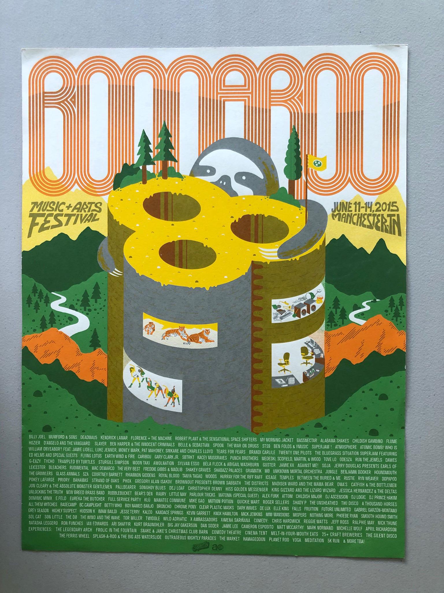 BONNAROO 2015 SOLD OUT POSTER & MORE: BONNAROO 2015 PRINTWITH MANY BANDS INCLUDIJNG Run The Jewels, Odesza, Atomic Bomb! Ben Folds, ROBERT PLANT, BILLY JOEL AND DOZENS MORE. This is the TENTH Bonnaroo poster designed and screenprinted BY
