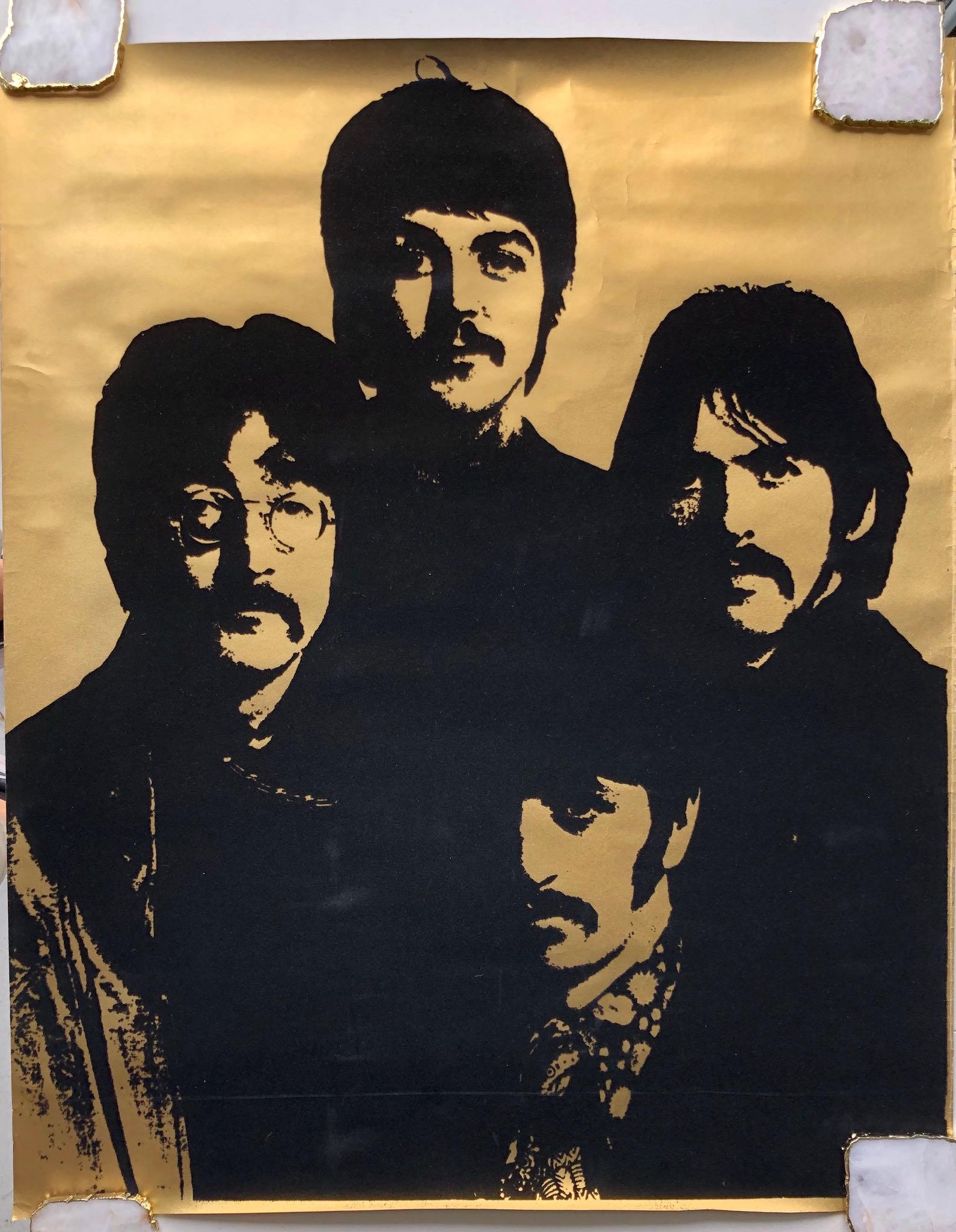 RARE BEATLES GOLD FOIL FLOCKED POSTER: RARE BEATLES GOLD FOIL FLOCKED POSTER. OVERSIZED. VG. WITH SLIGHT CREASING DUE TO AGE.