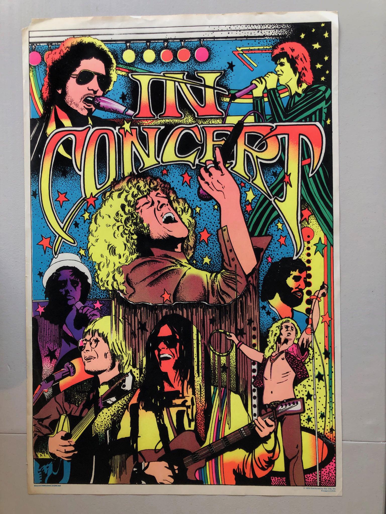 IN CONCERT BLACKLIGHT POSTER: IN CONCERT BLACKLIGHT POSTER BY MONARCH PUBLICATIONS. 1976 STAR CITY. WITH THE WHO, BOWIE, ALIXE COOPER, JOHN DENVER, NEIL YOUNG, AND MORE. FLOCKED. SOME CREASING ON TOP BOARDER. VG.