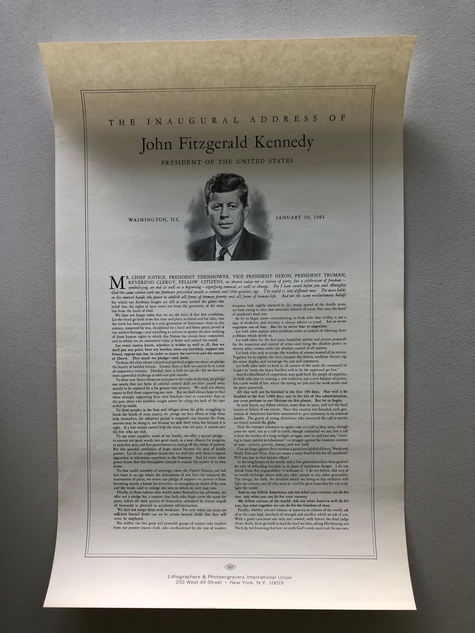 JOHN F. KENNEDY INAUGURAL ADDRESS POSTER SET: JOHN F. KENNEDY INAUGURAL ADDRESS POSTER. INCLUDES MULTIPLE PORTRAITS OF JFK AS SEEN IN PICTURES.