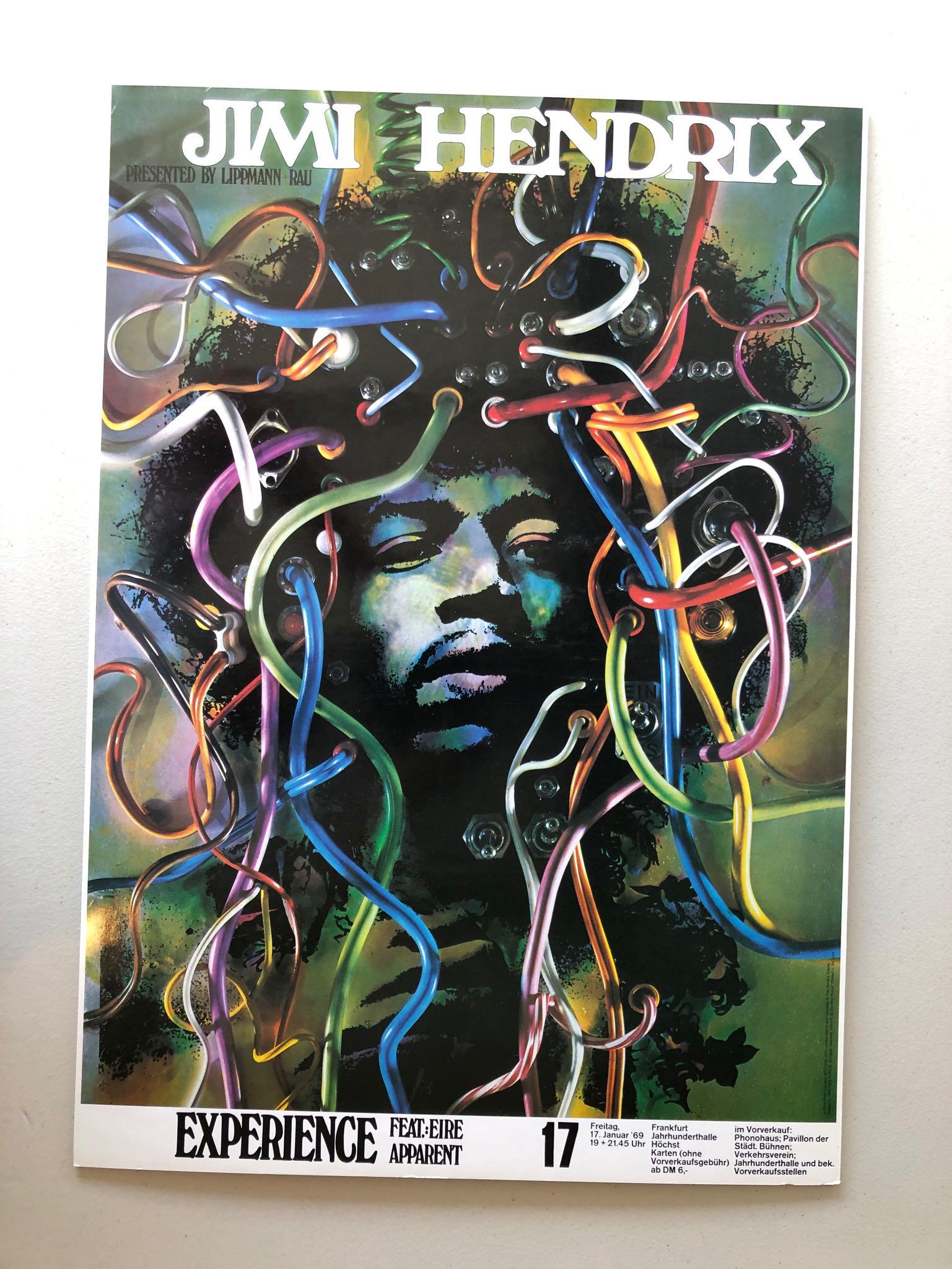 JIMI HENDRIX WIRED 2ND PRINTING: KNOWN AS PCL-218. JIMI HENDRIX STUTTGART POSTER- Band: Jimi Hendrix- Date: January 17, 1969- Venue: Freitag, Germany- Artist: Gunther Kieser- Particulars: ArtRock deluxe reissue of one of the rarest,