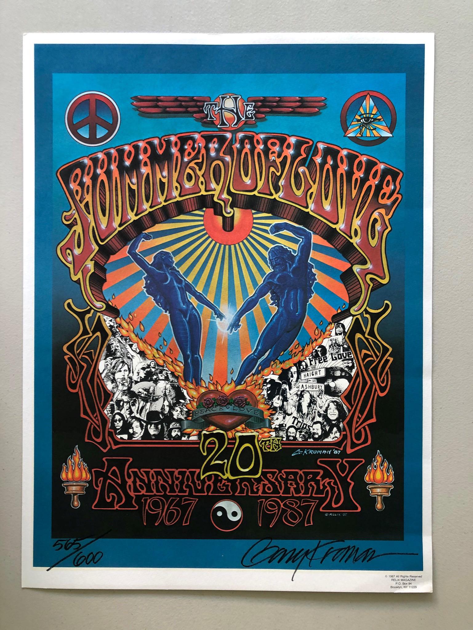 SUMMER OF LOVE 20TH ANNIVERSARY POSTER: SUMMER OF LOVE 20TH ANNIVERSARY POSTER 1987 WITH ART BY GARY KROMHN. NUMBERED 565 / 600. VG TO NM.