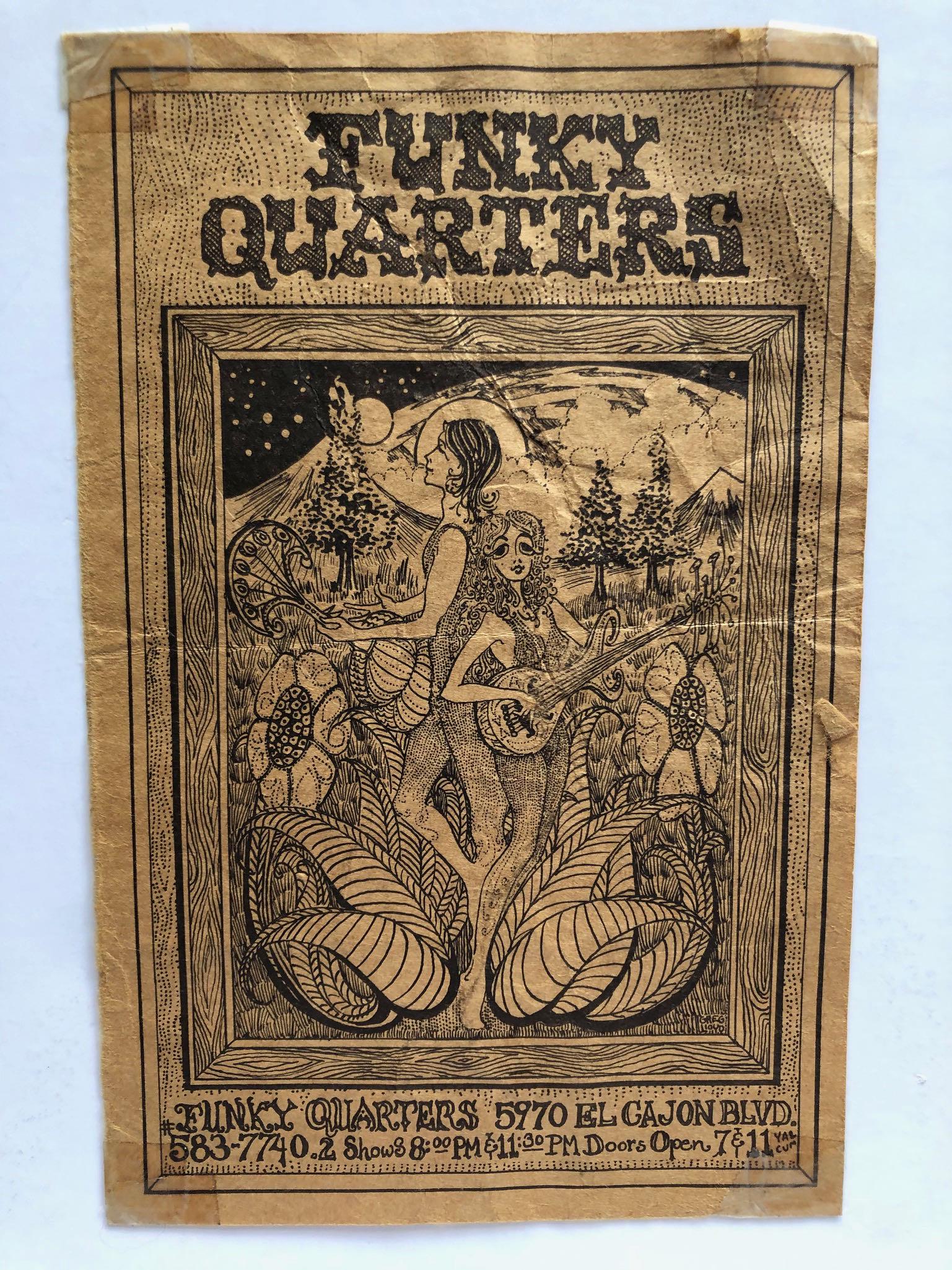 FUNKY QUARTERS ART BY GREG LLOYD: FUNKY QUARTERS ART BY GREG LLOYD HANDBILL. CLUB IN SAN DIEGO. OVERALL FAIR CONDITION WITH CREASING.