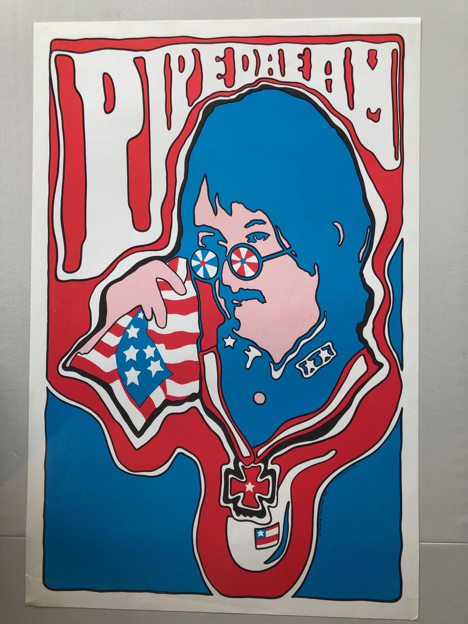 PIPEDREAM - PANDORA PRODUCTIONS POSTER: PIPEDREAM - PANDORA PRODUCTIONS POSTER. JOHN LENNON LOOK-ALIKE POSTER ART BY C.H. JOHANSEN III. 1967. 24 X 36 WITH BRIGHT DAYGLOW INKS.