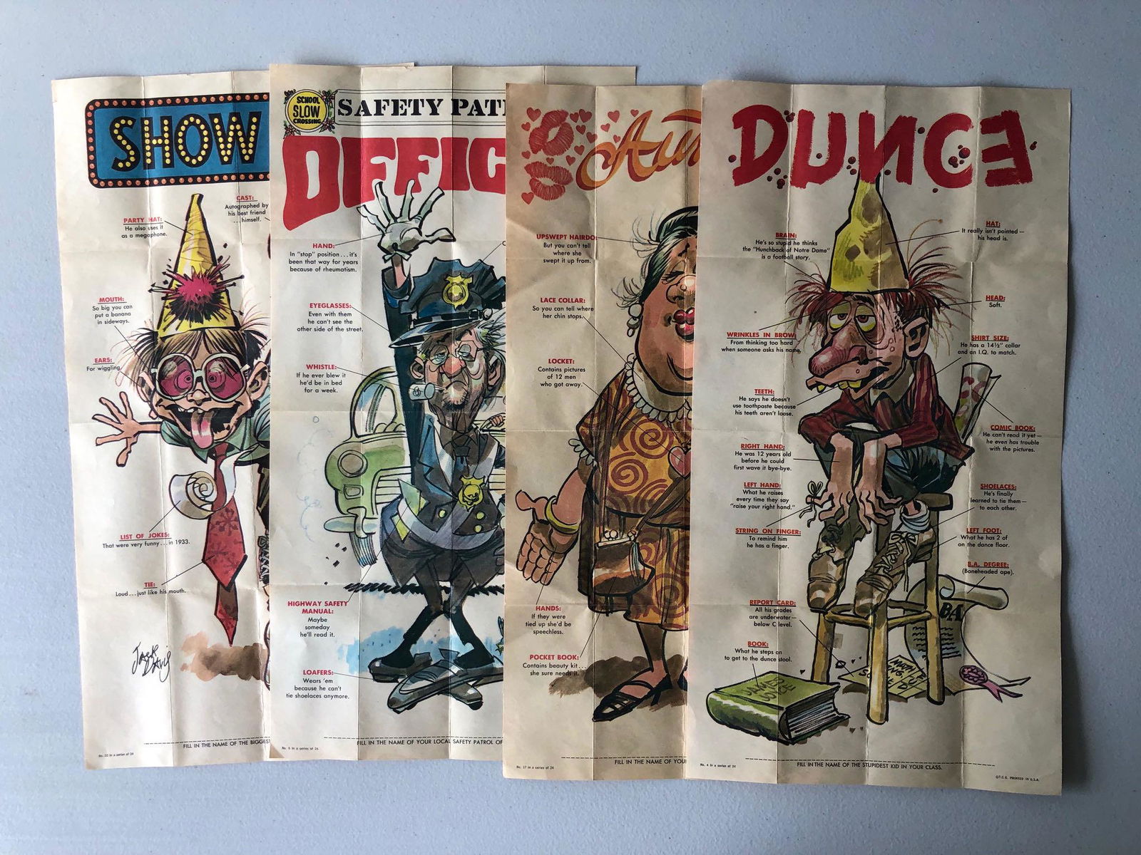RARE MAD MAGAZINE POSTERS AND CARDS: RARE MAD MAGAZINE POSTERS. WITH ART BY FAMOUS JACK DAVIS. MACHINE FOLDED AS SOLD. VG. CARDS FEATURE BIG DADDY DON GARLITZ, MAD SHIFTER, GARBAGE PAIL KIDS AND SO MUCH MORE.