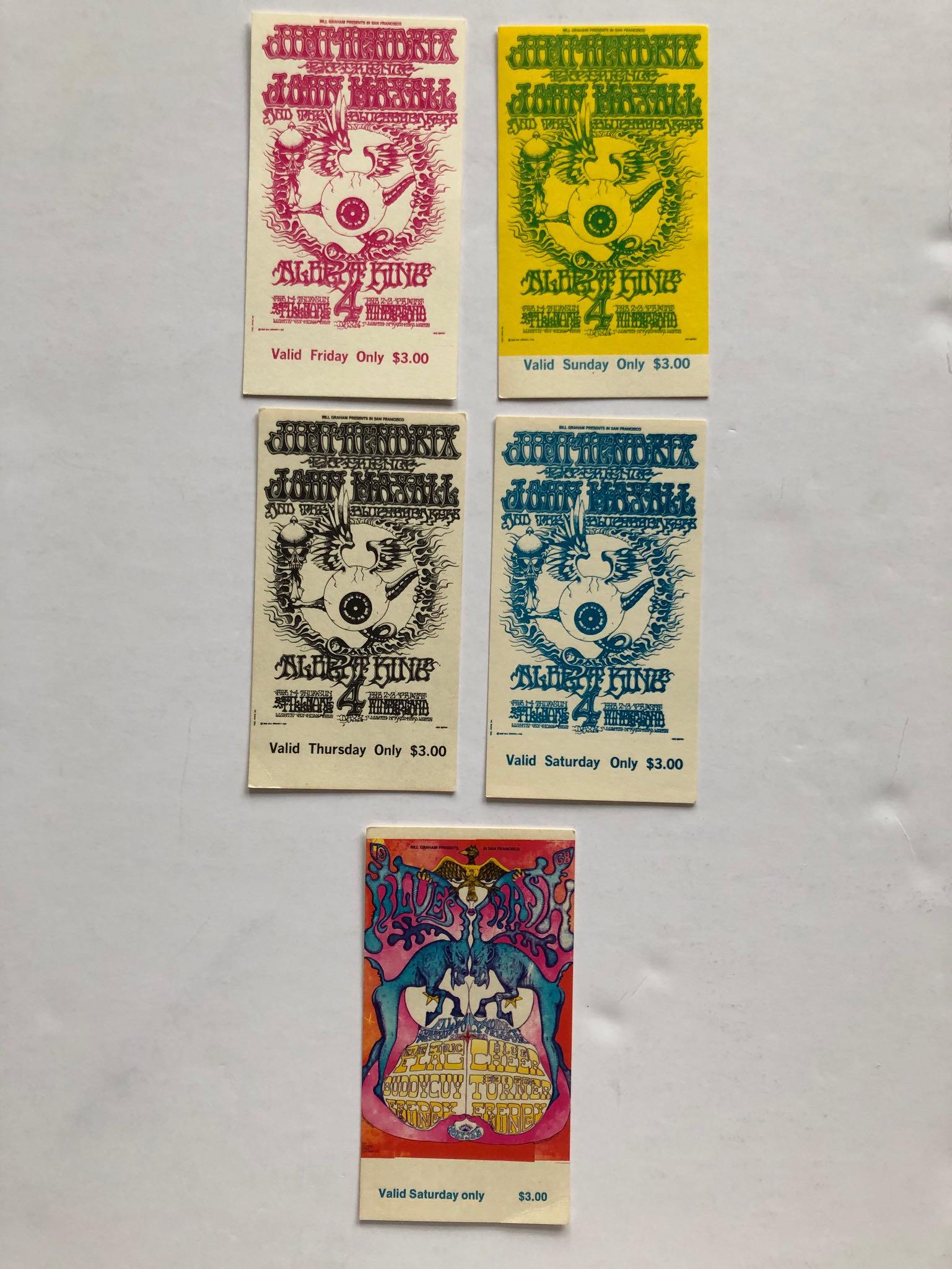 FEATURED ITEM - BG105 JIMI HENDRIX TICKET SET: Jimi Hendrix and the Flying Eyeball are images indelibly linked in the psychedelic poster art of the late Rick Griffin. Griffin discovered The Eyeball, in a much more benign form, in the 1950s auto de