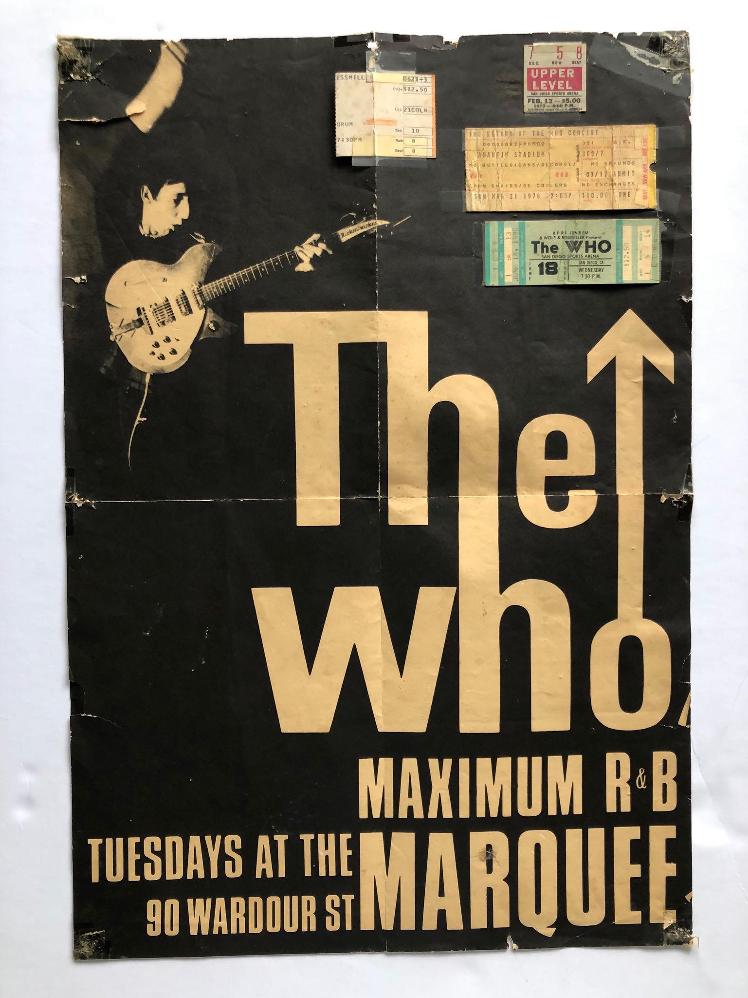 THE WHO AT MARQUEE WITH TICKET STUBS: THE WHO AT MARQUEE WITH TICKET STUBS. FOLDED RE-PRINT OF POSTER WITH TICKET STUBS FROM VARIOUS WHO SHOWS.