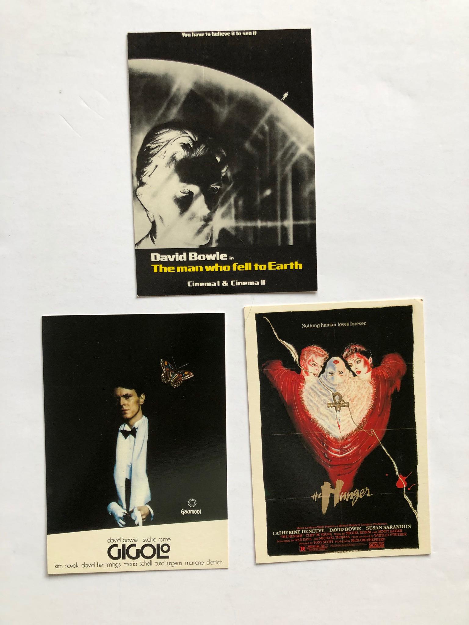 THREEE VINTAGE DAVID BOWIE CARDS: THREEE VINTAGE DAVID BOWIE CARDS. THE MAN WHO FELL TO EARTH. GIGOLO. THE HUNGER.
