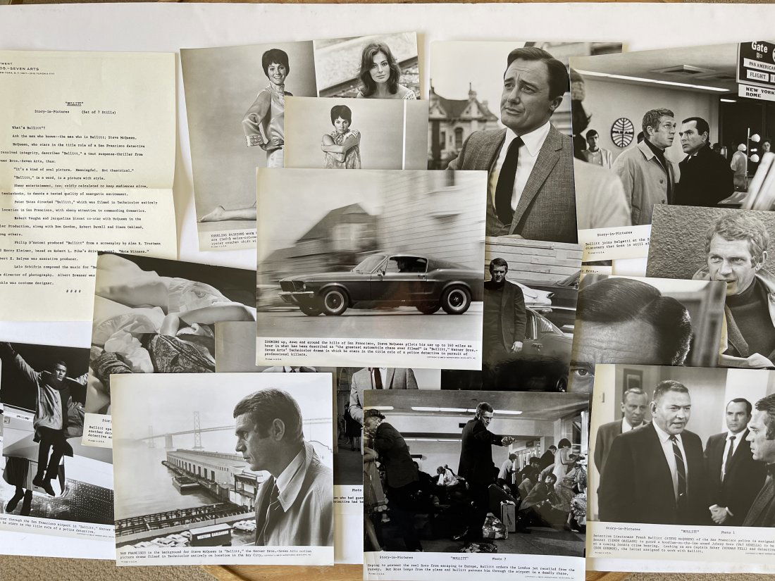 BULLITT - Steve McQueen - RARE COMPLETE THEATER PROMOS: BULLITT - Steve McQueen - RARE COMPLETE THEATER PROMOS. set of approx 16 vintage and rare stills from the movie, used to promote. Complete with write up from studio. All Mint to NM.