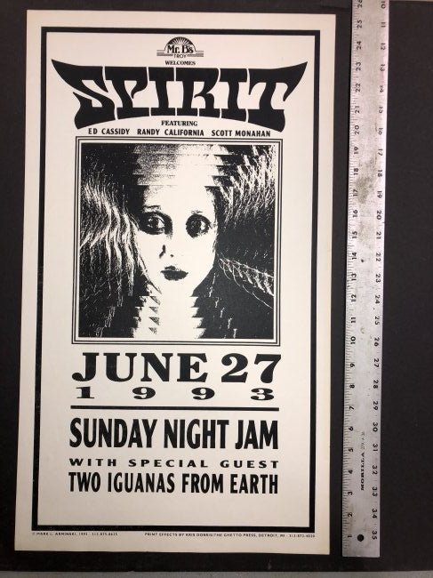 SPIRIT AT MR. B: SPIRIT AT MR. B'S IN TROY MICHIGAN - 1993. ABOUT 15 X 25. Mark Arminski is an American rock concert poster artist born in 1950 in Detroit, Michigan. He began studying art at the Oakland Community Coll