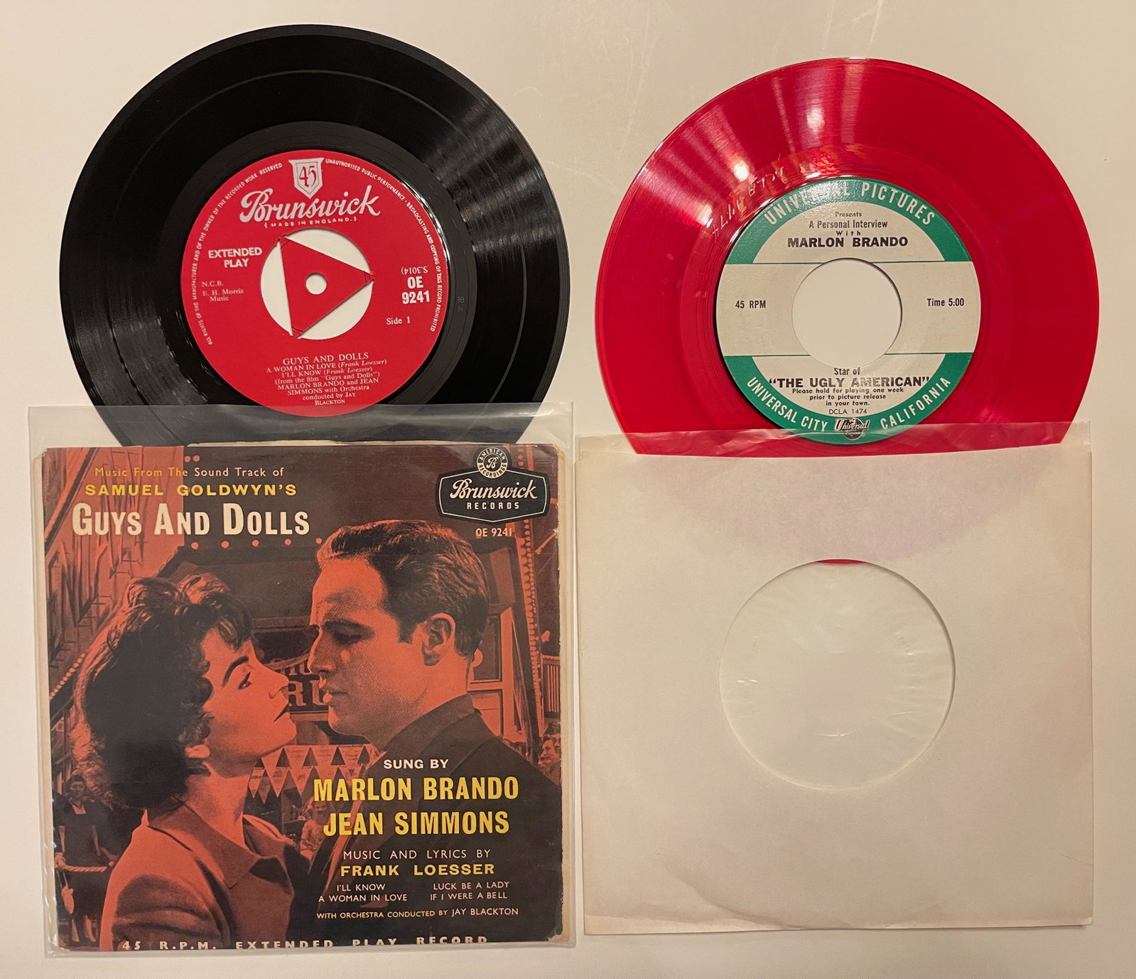 MARLON BRANDO: Marlon Brando / Jean Simmons (2) - Samuel Goldwyn's Guys And DollsLabel:Brunswick - OE 9241Format:Vinyl, 7", EP, 45 RPM - Marlon Brando - Universal Pictures Presents A Personal Interview With Marlon B