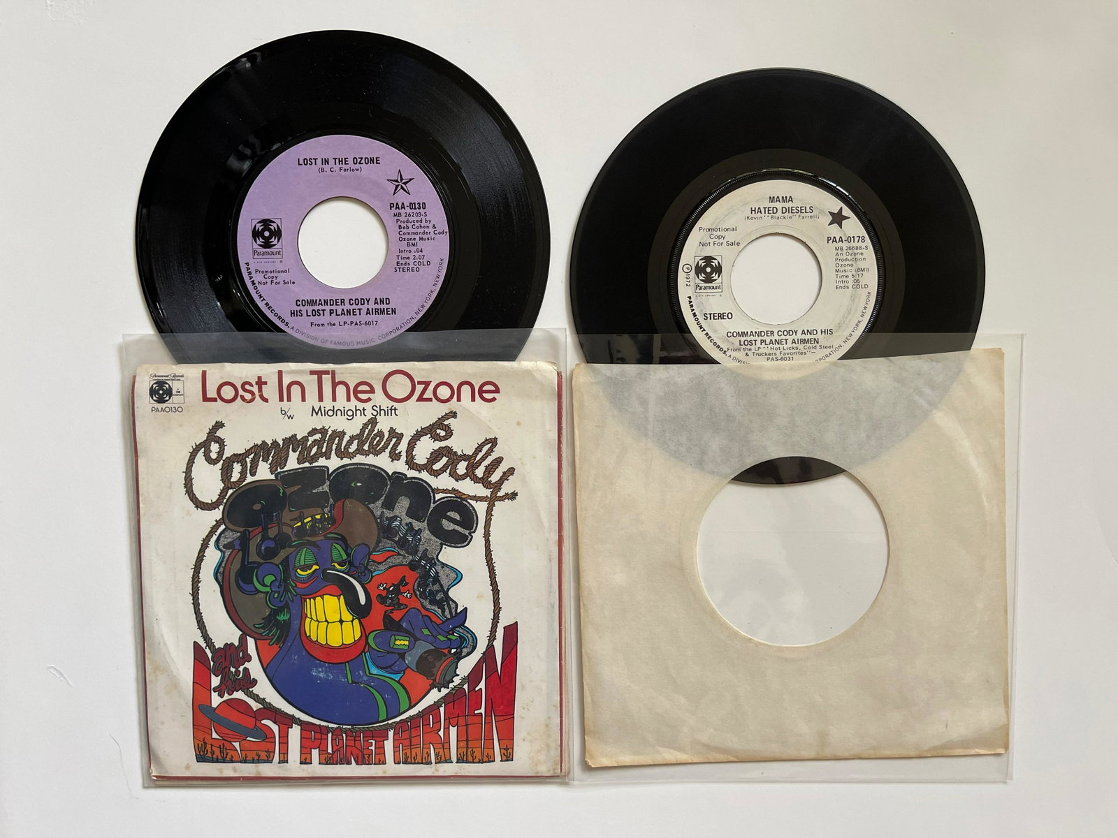 COMMANDER CODY: Commander Cody And His Lost Planet Airmen - Lost In The Ozone / Midnight ShiftLabel:Paramount Records - PAA-0130Format:Vinyl, 7", 45 RPM, Promo - Commander Cody And His Lost Planet Airmen - Mama Hated