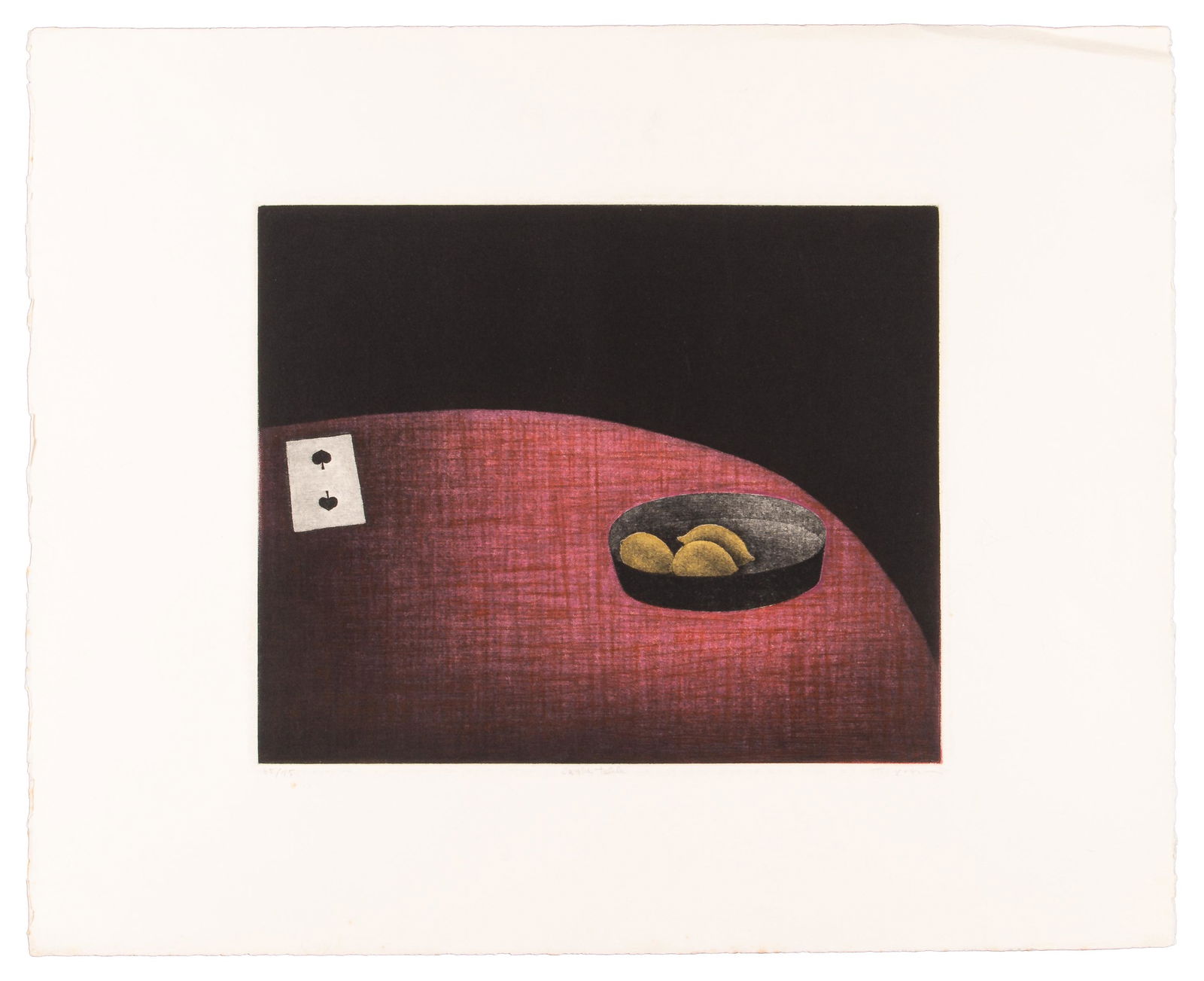 Tomoe Yokoi, On the Table, Mezzotint: Signed and numbered 65/76 â€œon the table”. Signed and numbered litho from artist marked T. Yokoi. Mezzotint on textured stock. Tomoe Yokoi was born in Nagoya, Japan in 1942. She began art s