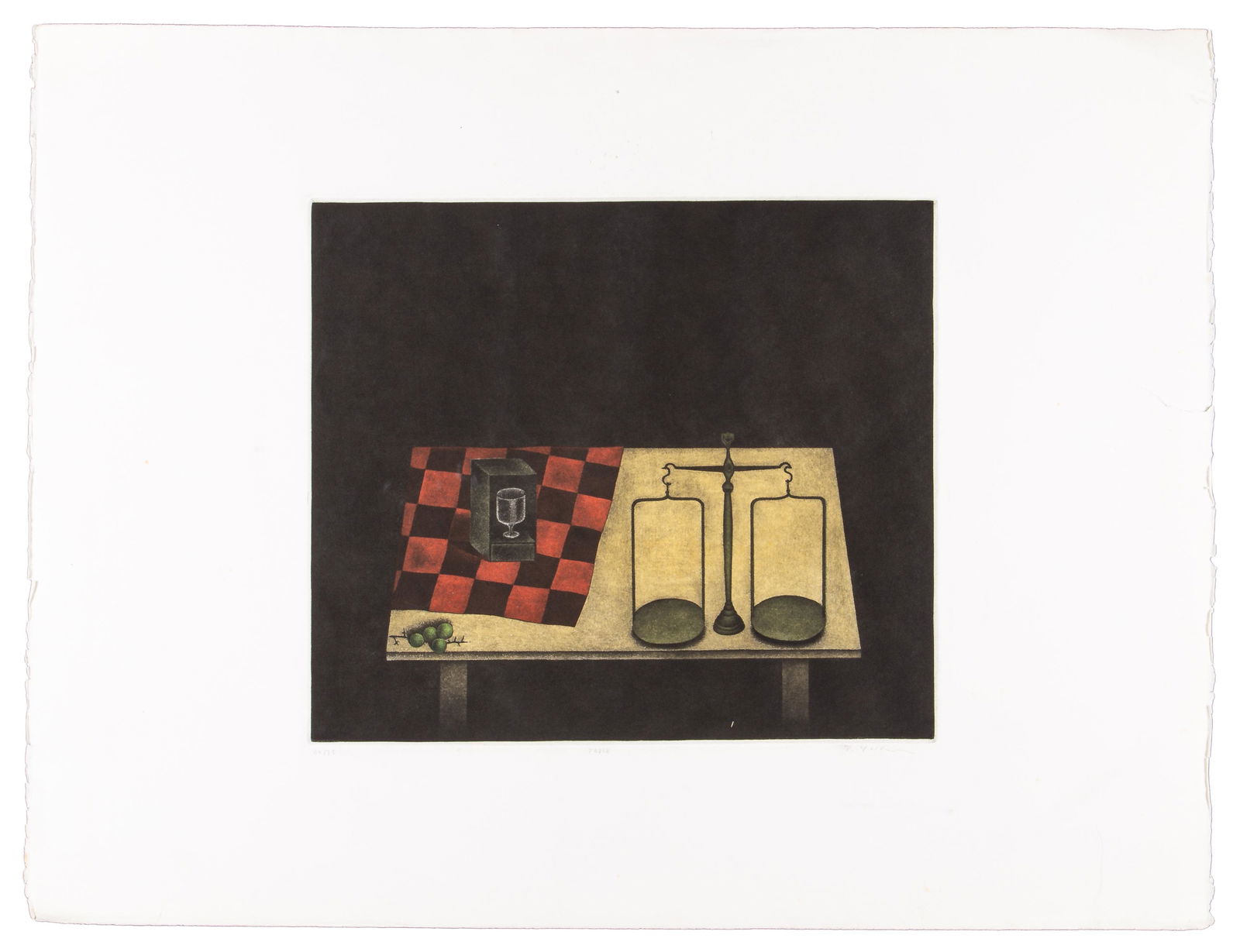 Tomoe Yokoi, On the Table, Mezzotint: Signed and numbered â€œTable”. Signed and numbered litho from artist marked T. Yokoi. Mezzotint on textured stock. Tomoe Yokoi was born in Nagoya, Japan in 1942. She began art studies at Tok