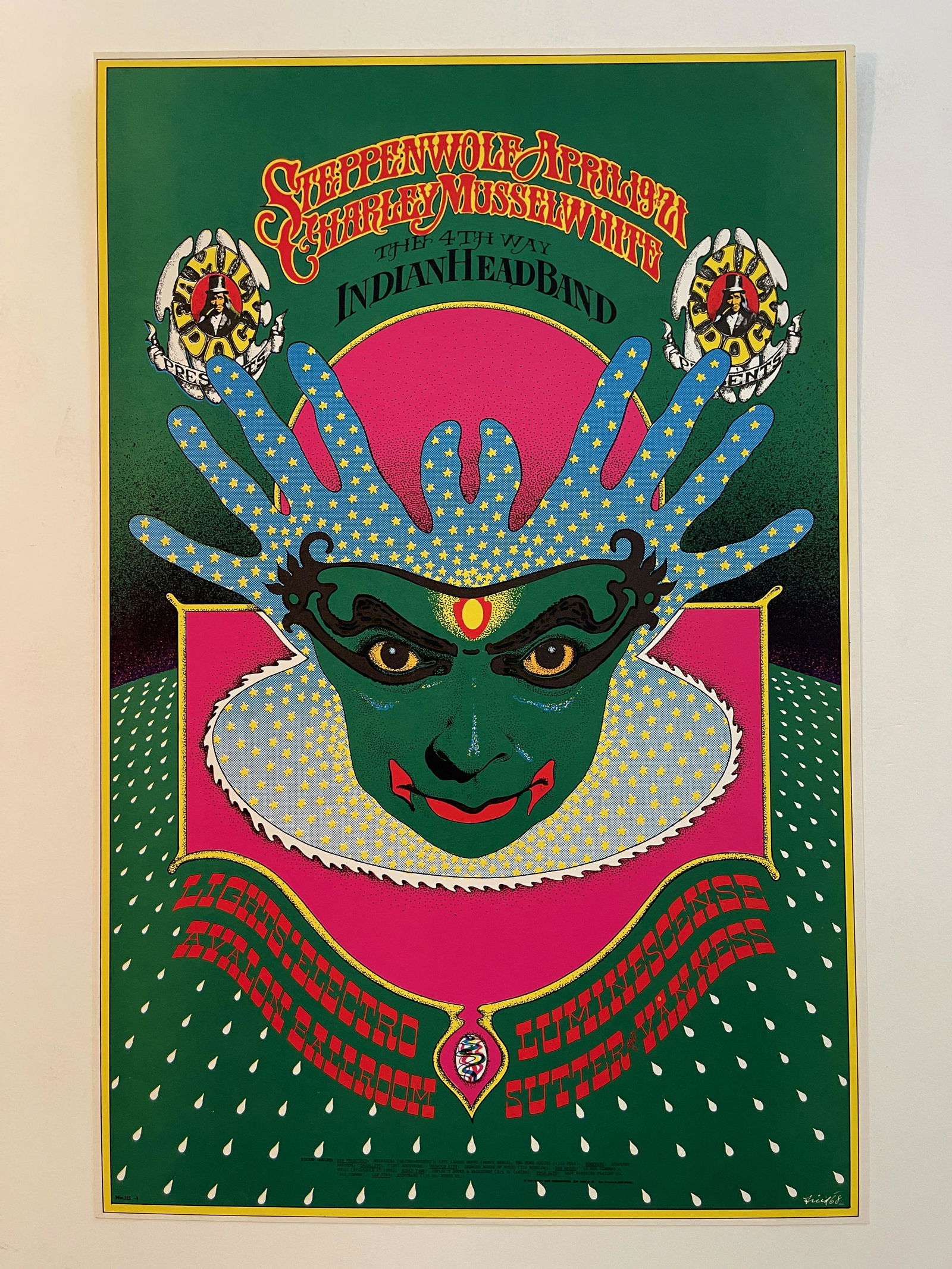 Steppenwolf Fourth Way Indian Head Band SF 68 Fried - OP-1: Steppenwolf Fourth Way Indian Head Band SF 68 Fried - OP-1. The poster was only printed once before the concert. It measures 14" x 21 5/16”.