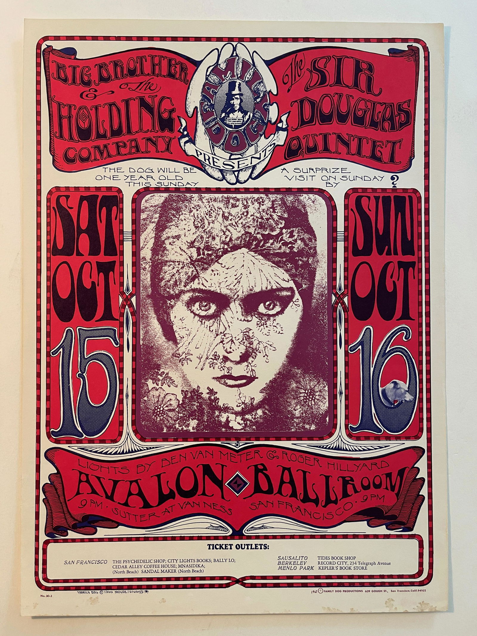 Big Brother and the Holding Company Poster FD30: Big Brother and the Holding Company Poster FD30. The post-concert 3rd printing is 14 1/4" x 19 15/16" and presents "30-3" in the lower left corner. "1967 (c) Family Dog Productions 639 Gough St., San